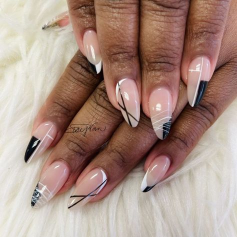 Black White Almond Nails Designs, Black White Abstract Nails, White And Black Abstract Nails, Abstract Nail Art Designs French Tips, Black Abstract Nail Art, Masquerade Nail Ideas, Short Nails For Dark Skin, Abstract Art Nail Designs, Black And White Almond Nails Design