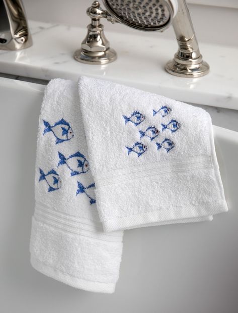 Monogrammed Towels, Towel Embroidery Designs, Embroidered Bath Towels, Guest Hand Towels, School Of Fish, Monogram Towels, Towel Embroidery, Embroidered Napkins, Napkin Design