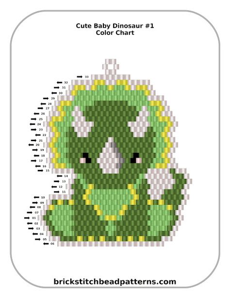 Cute Baby Dinosaur 1 Triceratops Pendant Free Brick Stitch Bead Pattern Color Chart Bead Art Patterns Free, Brick Stitch Animal Patterns, Brick Stitch Pattern Earring Free, Beaded Dinosaur Pattern, Dinosaur Perler Bead Pattern, Brick Stitch Pattern Free, Beaded Dinosaur, Bead Animals Patterns, Seed Bead Weaving