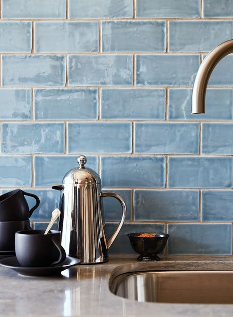 3x6x3/8 Cafe Water Gloss - Walker Zanger Cottage Kitchen Backsplash, Handmade Subway Tile, Blue Kitchen Tiles, Diy Chalkboard Paint, Subway Tile Backsplash Kitchen, Walker Zanger, Blue Backsplash, Handcrafted Tile, Subway Tile Kitchen