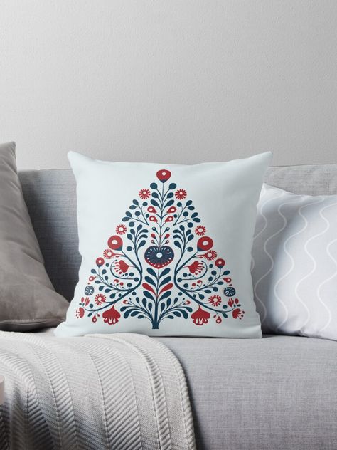 "Scandi Folk Christmas | Blue and Red Scandinavian christmas tree" Pillow for Sale by PrettyBananas Scandinavian Christmas Tree, Folk Christmas, Scandinavian Christmas Trees, Christmas Tree Pillow, Christmas Blue, Tree Pillow, Blue Colour Palette, Scandinavian Christmas, Pillow Sale