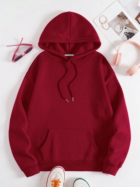 Burgundy Casual Collar Long Sleeve Fabric Plain Pullovers Embellished Slight Stretch Fall/Winter Women Clothing School Dress Code, Thermal Hoodie, Lined Hoodie, Hoodie Women, Autumn Casual, On The Moon, Funny Graphics, Fleece Sweatshirt, Casual Fall