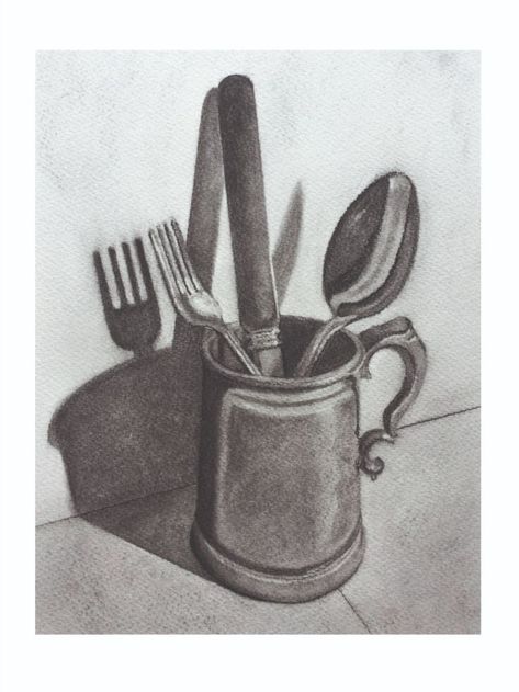 Cutlery Drawing, Still Life Pencil Shading, Easy Still Life Drawing, Still Life Sketch, Landscape Pencil Drawings, Composition Painting, Shadow Drawing, Drawing Pencils, Realistic Pencil Drawings