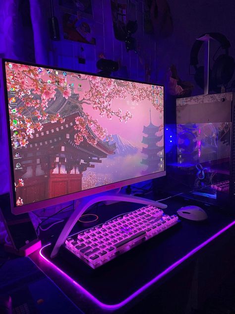 Pink Led Lights Aesthetic Wallpaper, Gaming Setup Black And Pink, Black And Pink Setup, Black And Pink Pc Setup, Gaming Aesthetic Girl, Pink And Black Pc Setup, Pink Setup Gamer, Black And Pink Gaming Setup, Led Light Aesthetic Wallpaper