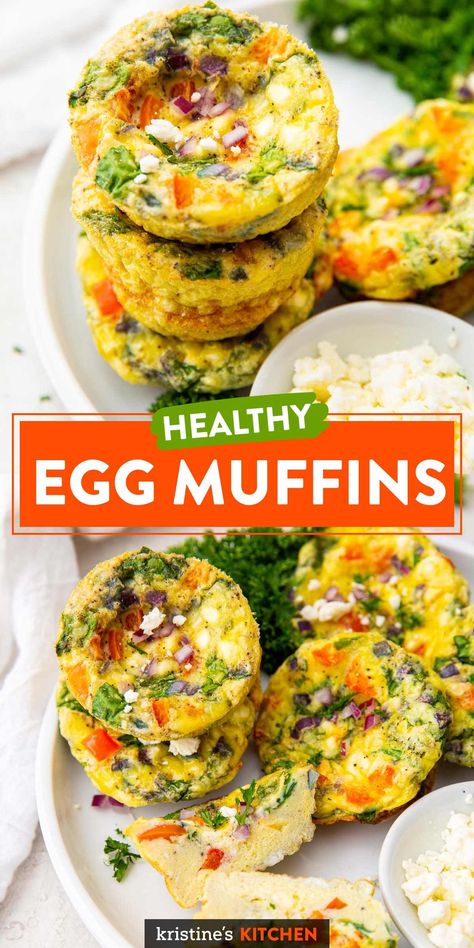 You'll love this easy Egg Muffins recipe, perfect for a make ahead breakfast! These healthy egg cups are filled with veggies and feta cheese. They're a delicious meal prep breakfast. Healthy Egg Cups, Egg Cups Breakfast Healthy, Egg Muffin Cups Healthy, Healthy Egg Muffins, Veggie Egg Cups, Easy Egg Muffins, Egg Muffins Healthy, Egg Cups Recipe, Veggie Muffins