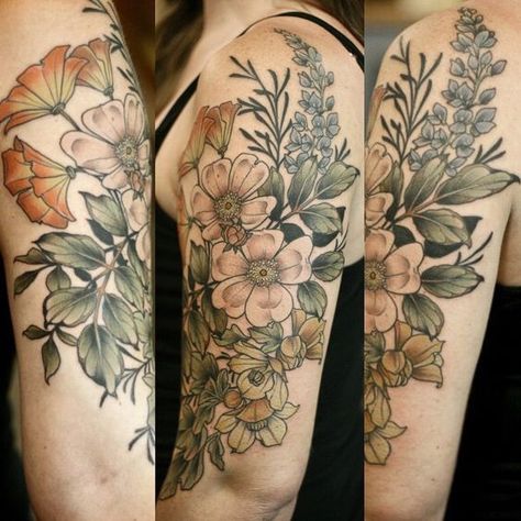 Honey Suckles, Half Sleeve Flower Tattoo, Floral Arm Tattoo, Wildflower Tattoo, Wonderland Tattoo, California Native Plants, Floral Tattoo Sleeve, Plant Tattoo, Make Tattoo