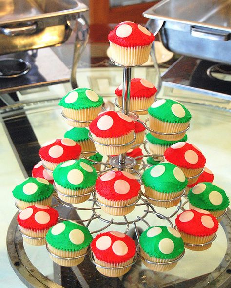 mario themed cupcakes by mycupofthea, via Flickr Mushroom Cupcakes, Mario Brothers Birthday Party, Super Mario Bros Birthday Party, Mario E Luigi, Super Mario Bros Party, Mario Bros Birthday, Mario Bros Party, Super Mario Birthday Party, Mario Birthday Party