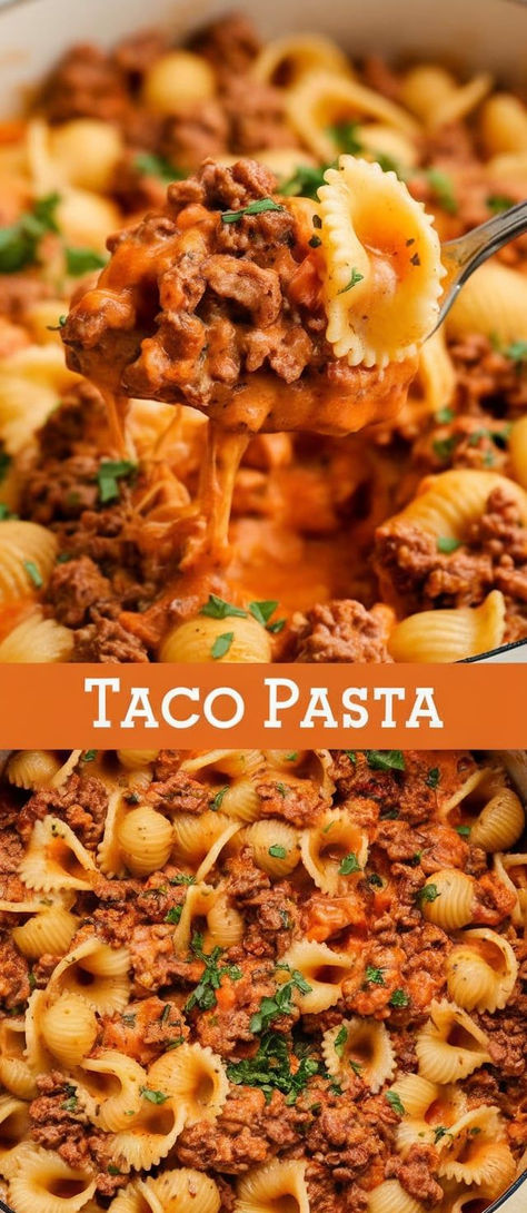 One-Pot Taco Pasta – Get the best of both worlds with this one-pot taco pasta! Loaded with seasoned ground beef, melted cheese, and taco spices, it’s a quick and easy weeknight dinner the whole family will love. Dinners With Taco Meat, Healthy Taco Pasta Recipes, Easy Dinner Recipes For Family Ground Beef, Easy Taco Ideas, Ground Beef Taco Pasta, Beef Taco Pasta, Taco Spices, Taco Pasta Recipe, Sausage Tacos