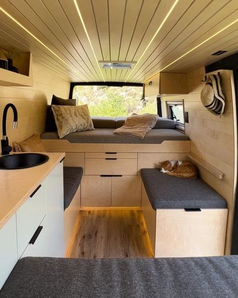 Vanlife Camper by Project Van Life on Instagram: "Introducing Echo, the latest creation from Antony and Romy at @boxedmicroliving! 🚐✨ This converted Mercedes Van camper captures the essence of South African aesthetics with its earthy tones, clean lines, and all-wood interior. It's a home on wheels perfect for exploring South Africa in style.  Check out their other page @travellingtribe_za and learn more about their van life journey.  ---  #campervanhacks #vanlifeproject #vanlifecommunity #motorhome #vanbuildseries #vanbuild #vanlifeculture #vanlifesociety #campervan #camperconversions #camperlifestyle #campervanlife  If you’re interested in learning how to build your own versatile campervan in an affordable way, click the link in our bio and check out VAN LIFE ACADEMY.  We have expert van Camper Van Kitchen Storage, Conversion Van Interior, Van Inside, African Aesthetics, Hiace Camper, Self Build Campervan, Converted Vans, Motorhome Interior, Mercedes Van