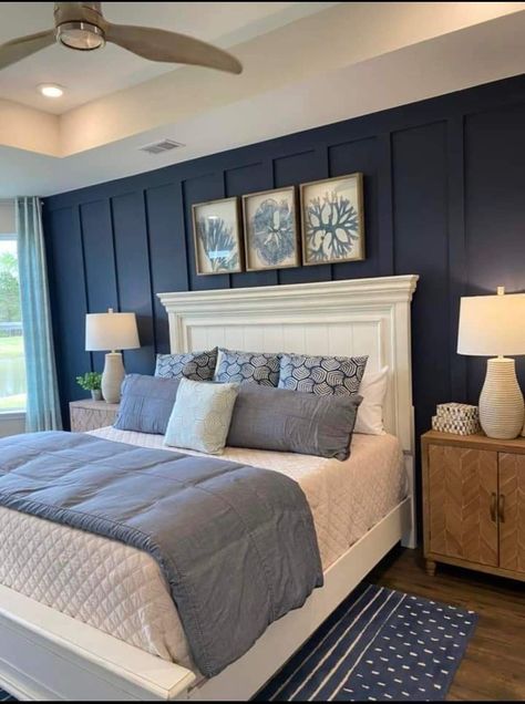 Dark Blue Master Bed, Dark Navy Bedroom Accent Wall, Blue Master Bed, Navy Bedroom Accent Wall, Master Bedrooms Decor Dark, Dark Blue Accent Wall, Blue Accent Wall, Bedroom Colours, Bedroom Decor Dark