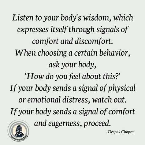 ✨ Listen to your body's wisdom 🌿 It speaks to you through signals of comfort and discomfort 🙌 When making decisions, check in with your body and ask, 'how do you feel about this?' 🧘     ➡️ Comment "Invite" below,  and I will give you a complimentary 🆓 membership to My Skool Community   Journeys with My Body is for you if you want to: • Cultivate compassionate self-talk 🩷 • Explore body-positive practices • Celebrate body diversity and uniqueness Listen To Your Body Quotes, Therapy Reminders, Body Wisdom, Body Quotes, Feeling Disconnected, Accountability Partner, Holistic Care, Making Decisions, Falling Asleep