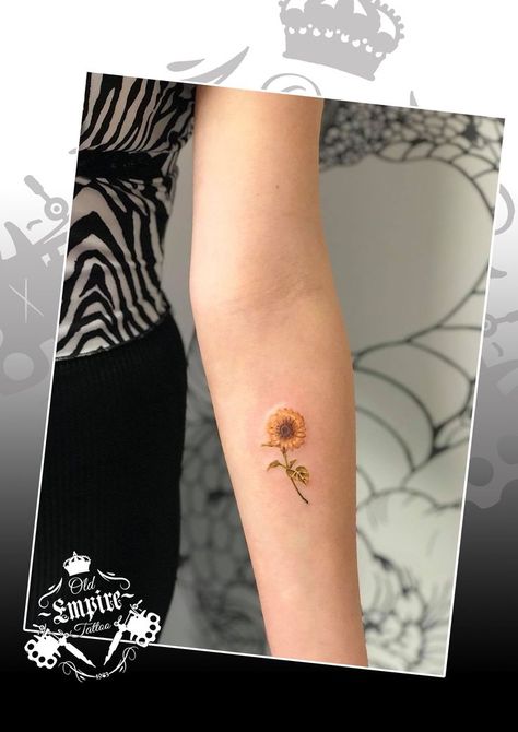 Little colour sunflower tattoo #sunflowertattoo #flowertattoo #firsttattoo Tattoo Colour, Sunflower Tattoos, Sunflower Tattoo, First Tattoo, Color Tattoo, Triangle Tattoo, Flower Tattoo, Tatting, Sunflower