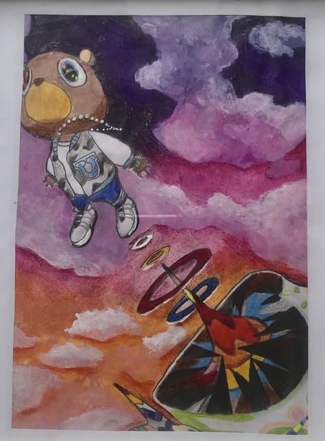 Kanye West Graduation Painting, Watercolor Album Cover, Album Cover Paintings On Canvas, Kanye West Painting, Kanye West Art, Kanye West Albums, Graduation Album, Graduation Bear, West Art