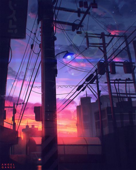 Ｃｉｔｙ Ｖｉｂｅｚ🌇, Angel Ganev on ArtStation at https://www.artstation.com/artwork/XlQAR Angel Ganev, 8bit Art, Power Lines, 판타지 아트, Anime Scenery Wallpaper, City Aesthetic, Sky Aesthetic, Fantasy Landscape, City Art