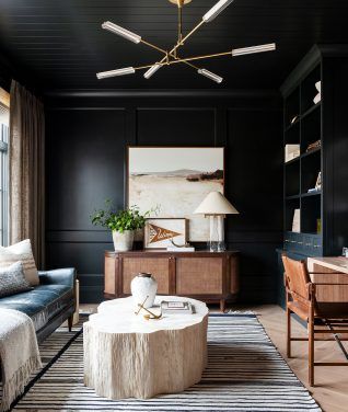 Dark Walls And Ceiling Office, Dark Home Office Design, Sideboard In Office, Studio Mcgee Office Design, Dark Office Colors, Moody Office Decor, Mcgee Home Office, Black Home Office Ideas, Home Office Dark Walls