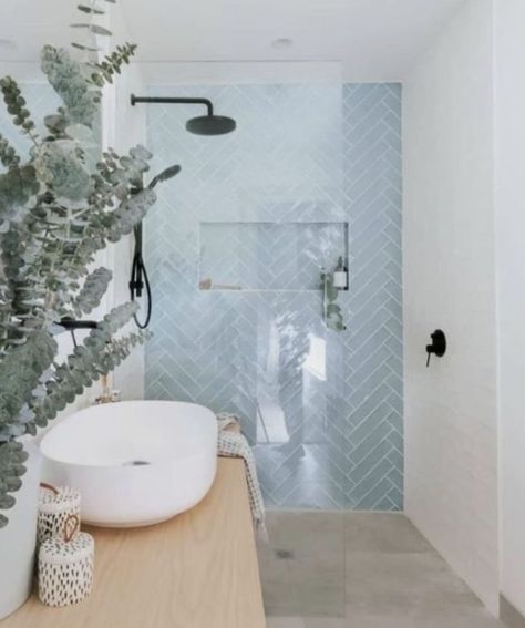 Makeover Kamar Mandi, Bad Inspiration, Herringbone Tile, Vanity Decor, Bathroom Inspiration Decor, Beach Bathrooms, Blue Bathroom, Bathroom Renos, Laundry In Bathroom