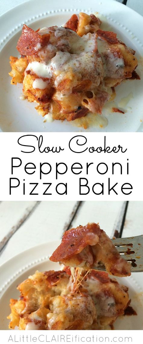 Slow Cooker Pepperoni Pizza Bake - an easy crockpot recipe inspired by one of our favorites - 6 Pizza Crockpot, Resep Makanan Beku, Pizza Pepperoni, Crock Pot Food, Crockpot Recipe, Crockpot Dishes, Pizza Bake, Crock Pot Slow Cooker, Slow Cookers