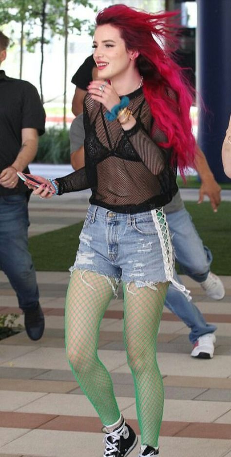 Green Fishnets, Fishnet Stockings Outfit, Peter Pan Outfit, Stockings Outfit, Sheer Mesh Top, 31 Days Of Halloween, Bright Hair, Bella Thorne, Good Spirits