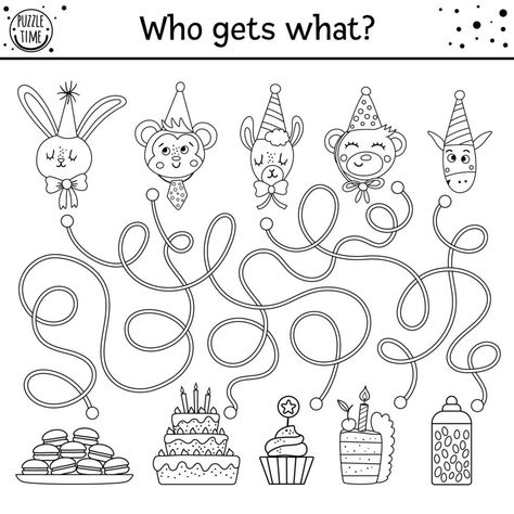 Birthday black and white maze for children. Holiday preschool printable outline educational activity. Funny line b-day party game or puzzle with cute animals and cakes. Who gets what Maze For Kindergarten Children, Birthday Worksheets For Kids, Birthday Worksheet, Ladybug Toys, Birthday Black And White, Maze Games For Kids, Preschool Birthday, Mazes For Kids Printable, Printable Outline