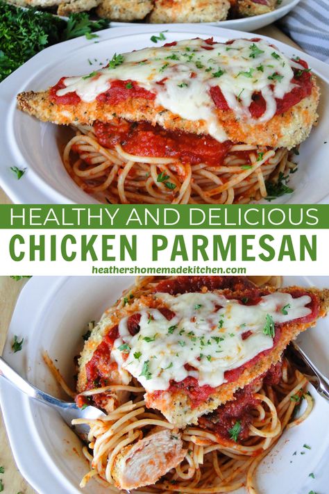 This Baked Chicken Parmesan Recipe is an easy and healthy way to enjoy an Italian favorite for dinner. Juicy and tender breaded chicken smothered with tasty marinara and melted mozzarella is going to have your family begging for more! Chicken Parmesan Recipe Oven, Baked Chicken Parmesan Recipe, Chicken Smothered, Chicken Parmesan Recipe Baked, Oven Baked Chicken Parmesan, Chicken Parmesan Recipe, Healthy Baked Chicken, Parmesan Recipe, Low Calorie Dinners