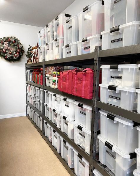 Basement Storage Organization, Basement Storage Shelves, Plastic Storage Tubs, Garage Storage Inspiration, Basement Organization, Extra Space Storage, Clear The Clutter, Storage Room Organization, Garage Organization Diy