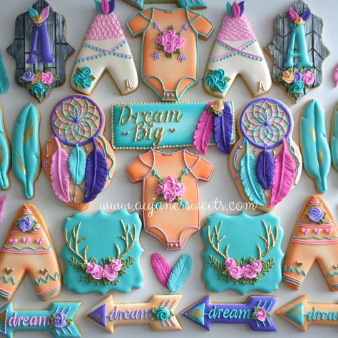 Boho Sugar Cookies Dream Catcher Cookies Decorated, Boho Sugar Cookies, Boho Cookies, Indian Cookies, Cookies Cupcake, Frosted Cookies, Decorate Cookies, Crazy Cookies, Shower Cookies