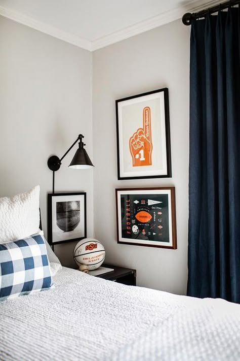 Sports Themed Boys Room with Dark Blue Curtains - Cottage - Boy's Room Campaign Nightstand, Dark Blue Curtains, Boys Room Curtains, Sports Room Boys, Blue Boys Bedroom, Boy Sports Bedroom, Kid's Bed, Sport Bedroom, Big Boy Bedrooms