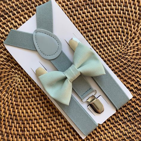 Sage Green Bow Tie & Grey Suspenders Easter Bow Tie - Etsy Sage Bow Tie, Sage Green Bow Tie, Rustic Wedding Ring Bearer, Wedding Ring Bearer Outfit, Rustic Ring Bearers, Wedding 101, Vintage Suspenders, Grey Suspenders, Tie And Suspenders