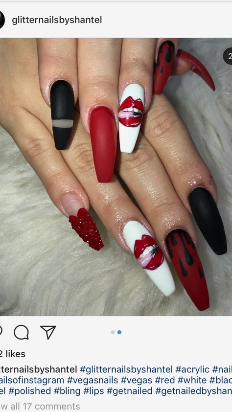 Red nails, coffin nails, drip nail art Red Lip Nails Design, Nails With Lips Design, Red Pop Art Nails, Red And Black Halloween Nails Coffin, Horror Nails Acrylic Coffin, Red Blood Drip Nails, Black And Red Blood Drip Nails, Trippie Red Nails Acrylic, Nail Diamond