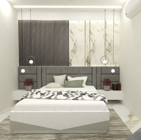 Grey And White Themed Bedroom, White Grey Bedroom, Headboard Luxury, White Gray Bedroom, Partition Designs, Residence Interior, Large Headboard, Tile Cladding, Luxury Dining Chair