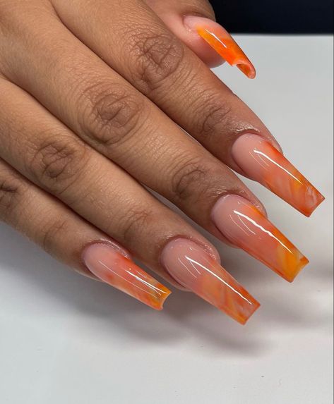 Orange And Silver Nails Acrylic, Orangey Red Nails Design, Orange Marble Nails Acrylic, White Orange Nails, Nails Inspo Orange, Orange Abstract Nails, Orange Marble Nails, Nail Inspo Orange, Orange Nails Summer