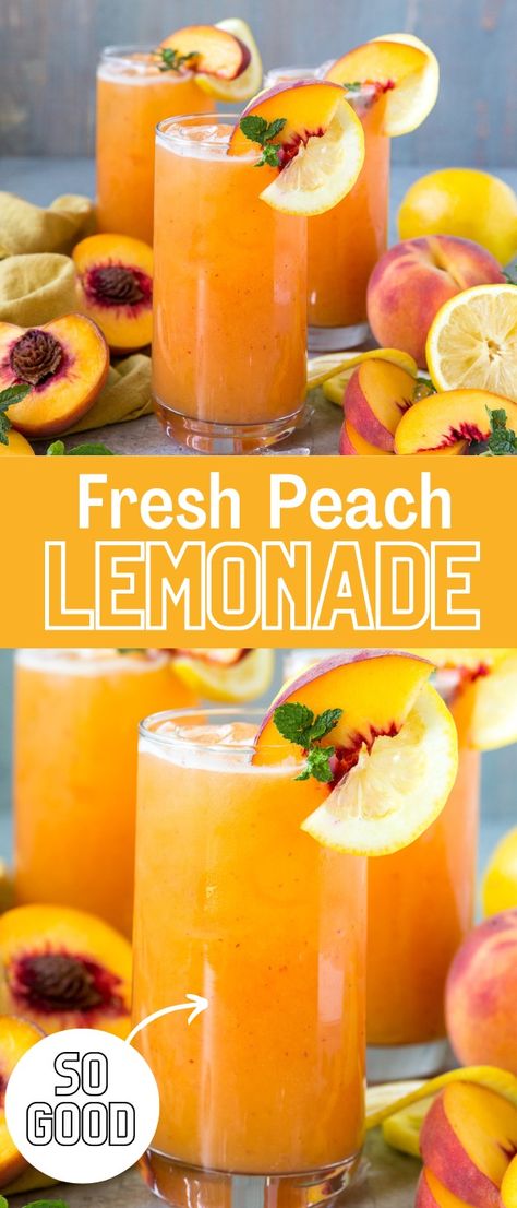 Fresh peach lemonade and easy summer drink made with just a few simple ingredients. Cool Lemonade Recipes, Fresh Peach Drinks Non Alcoholic, Peach Lemonade Aesthetic, Summer Refresher Drinks, Refreshing Peach Lemonade, How To Make Peach Lemonade, Pretty Lemonade Drinks, Peach Mango Lemonade, Homemade Comfort Food Recipes