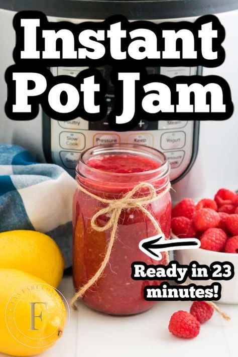 This raspberry jam recipe made in the Instant Pot is SO easy!! Love how it only takes 23 minutes too. #jam #instant #pot #raspberry #recipe Raspberry Jam No Pectin, Blackberry Freezer Jam, Raspberry Rhubarb Jam, Raspberry Recipe, Jarred Vegetables, Blackberry Jam Recipes, Homemade Raspberry Jam, Raspberry Jam Recipe, Raspberry Rhubarb