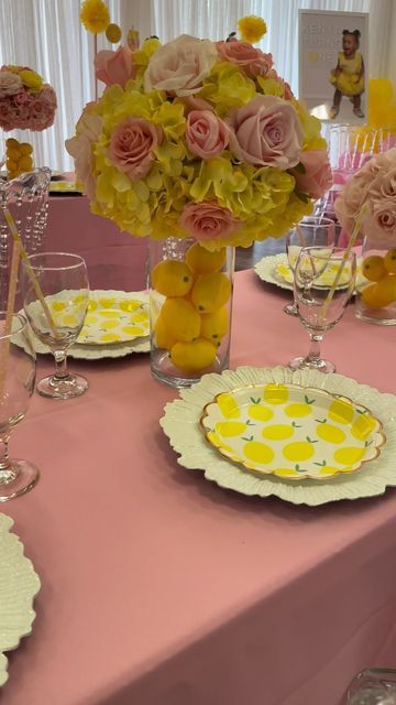 Pink Lemonade Centerpiece, Pink Yellow And White Party Decorations, Yellow And Pink Bridal Shower Ideas, Pastel Pink And Yellow Party Decor, Lemon And Pink Bridal Shower Theme, Yellow Pink Party Decorations, Pink Lemonade Baby Shower Centerpieces, Pink And Yellow Tea Party, Yellow And Pink Party Decor