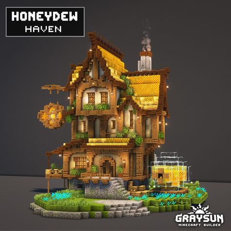 A Honey house design for your minecraft shenanigans! You can support my work and obtain world files and shematics of my builds through patreon. Minecraft Smelting Building, Beehive House Minecraft, Honeycomb House Minecraft, Honey Minecraft Builds, Minecraft Post Office Ideas, Minecraft Bee Keeper House, Bee Home Minecraft, Unique Minecraft House Ideas, Allay House Minecraft