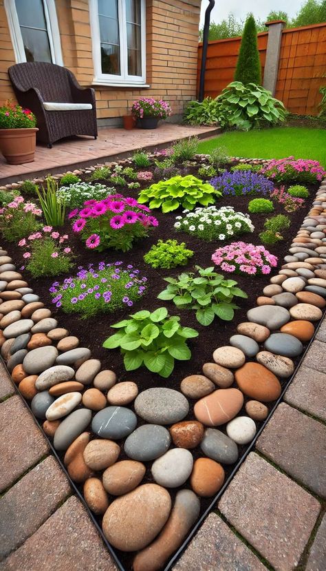 15+ Creative Stone Landscaping Designs for a Gorgeous Front Yard 53 Patio Flowers, Stone Landscaping, Front Garden Landscape, Rock Garden Design, Front Yard Garden Design, Front House Landscaping, Garden Yard Ideas, Garden Oasis, Front Yard Garden