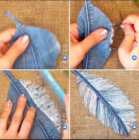 Denim Feathers, Potpourri Stovetop, Fabric Feathers, Denim Crafts Diy, Folded Fabric Ornaments, Blue Jeans Crafts, Quilted Christmas Ornaments, Christmas Potpourri, Jean Crafts