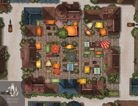 This is a map I made for the Awakening Festival in the town of Promise. This is part of the Journey Through the Radiant Citadel - Written In Blood Adventure. My players enjoyed this map and the variety of NPCs I created to sell goods and interact with them. The map helped create a fun and chaotic scene when the farmers attacked. More at https://www.instagram.com/arcanahaven/ Journey Through The Radiant Citadel, The Radiant Citadel, Radiant Citadel, Pen And Paper Games, Dnd Maps, The Awakening, Paper Games, D D Maps, Pen And Paper