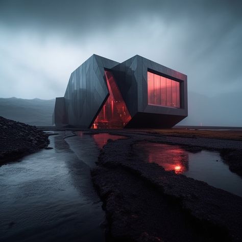 Cyberpunk House Exterior, Matrix Architecture, Black Luxury House, Floating Architecture, Futuristic Building, Brutalism Architecture, Future Buildings, Black Interior Design, Unique House Design