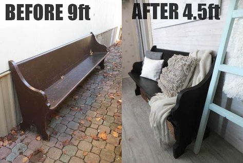 4 the love of wood: FINISHING WITH THE CUT UP CHURCH PEWS Diy Benches, Church Pew Bench, Antique Furniture Makeover, Vintage Wood Furniture, Pew Bench, Church Pews, Diy Shutters, Hudson Homes, Entry Bench