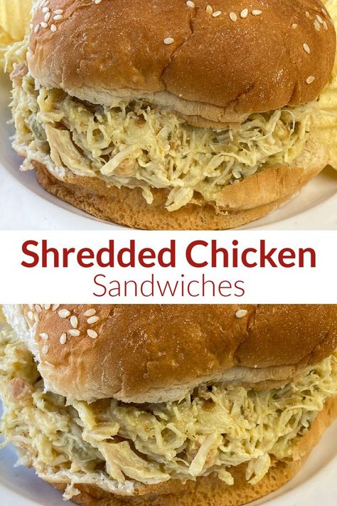 Collage of shredded chicken sandwiches on sesame seed buns Ohio Shredded Chicken Sandwiches, Ohio Shredded Chicken, Best Shredded Chicken, Shredded Chicken Recipes Easy, Shredded Chicken Sandwiches, Shredded Chicken Crockpot, Easy Shredded Chicken, Chicken Sandwich Recipe, Slow Cooker Shredded Chicken