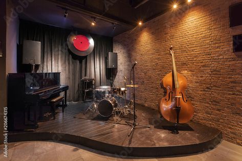 Stock Image: Modern jazz bar interior design, stage with black piano and cello Jazz Bar Interior, Jazz Club Interior, Wooden Wall Cladding, Design Stage, Wall Cladding Panels, Jazz Bar, Black Piano, Bar Interior Design, Cladding Panels