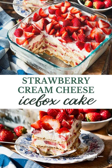 Light, refreshing, and full of cool, creamy, fresh berry flavor, this strawberry cream cheese icebox cake is the perfect easy, no-bake dessert. With layers of graham crackers, pudding, cream cheese, Cool Whip, and sliced strawberries, there’s no cooking necessary — just assemble and chill! Key Lime Icebox Cake, Strawberry Cream Cheese Icebox Cake, Cream Cheese Icebox Cake, Strawberry Icebox Cake Recipe, Graham Cracker Dessert, Cracker Dessert, Strawberry Icebox Cake, Icebox Desserts, Icebox Cake Recipes