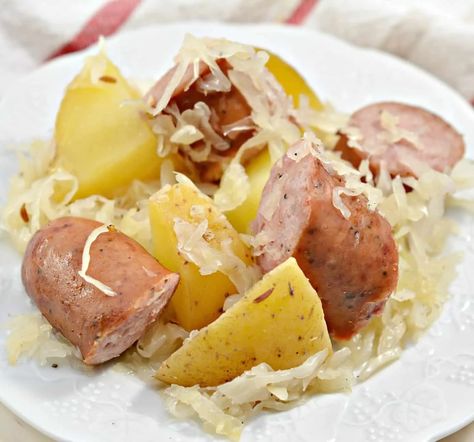 Polish Sausage, Sauerkraut And Potatoes (Crockpot) - Sweet Pea's Kitchen Polish Sausage And Sauerkraut, Polish Sausage Sauerkraut And Potatoes, Sauerkraut In A Crock, Sauerkraut And Potatoes, Sausage And Sauerkraut, Polish Sausage Recipes, Potatoes Crockpot, Sausage Sauerkraut, Sausage Crockpot