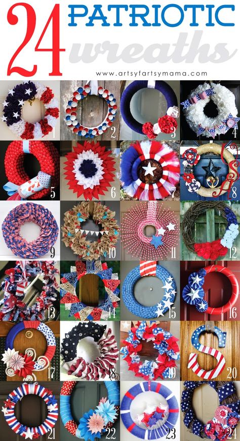 24 DIY Patriotic Wreaths #4thofJuly #wreath Diy Patriotic Wreath, Shabby Chic Christmas Decorations, Americana Crafts, Patriotic Wreaths, Home Design Interior, Organization Home, Fourth Of July Decor, July Decor, Patriotic Crafts