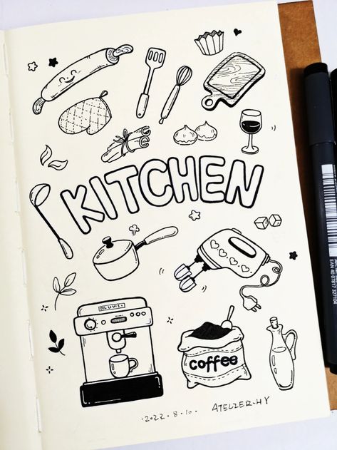 Chef Doodle, Cooking Doodles, Journal Illustration, Cute Easy Doodles, Pencil Sketch Images, Bulletin Journal Ideas, Creative Drawing Prompts, Art Journal Therapy, Book Icons