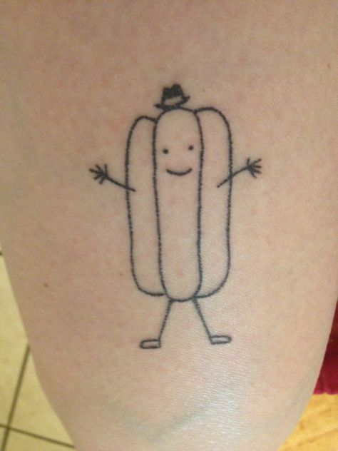 Kawaii hotdog stick and poke by Hand Poked Tattoos By Audrey. Masculine Stick And Poke, Cat Stick And Poke, Cool Stick And Poke Tattoos, Stick Poke Tattoo, Stick N Poke, Stick N Poke Tattoo, Hand Poked Tattoo, Cute Tiny Tattoos, Stylist Tattoos