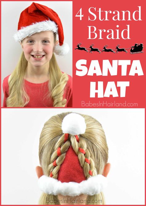 Santa Hat Hairstyle from BabesInHairland.com Santa | Christmas | Hairstyle | Christmas hairstyle | Santa hat Christmas Hairstyle, Childrens Hairstyles, 4 Strand Braids, Tree Braids, Girl Haircut, Strand Braid, Christmas Hairstyles, Trendy Haircuts, Holiday Hairstyles