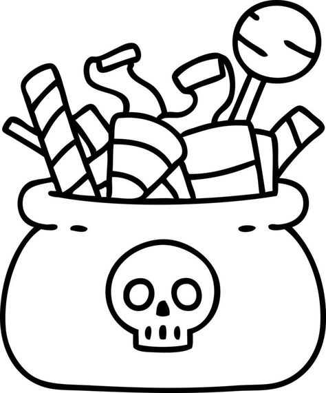 line doodle of a halloween candy bag full of treats Candy Bag Ideas, Halloween Candy Bag Ideas, Candy Drawing, Chocolate Bowl, Line Doodles, Treat Basket, Candy Basket, Halloween Candy Bags, Drawing Bag