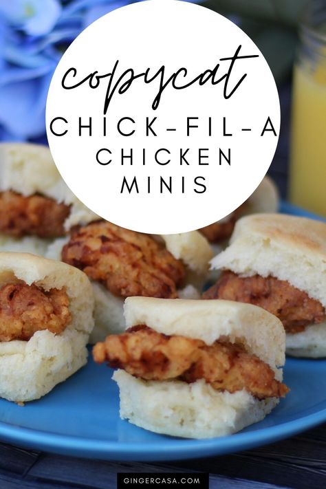 chicken and biscuits chicken minis Mini Chicken And Biscuits, Chic Fil A Copycat Recipes, Chic Fil A Mini Biscuits, Chic Fil A Biscuit Recipe, Chick Fil A Mini Biscuit Recipe, Chicken And Biscuit Appetizer, Copycat Chick Fil A Chicken Minis, Copycat Chicken Minis, Chic Fil A Chicken Mini Recipe